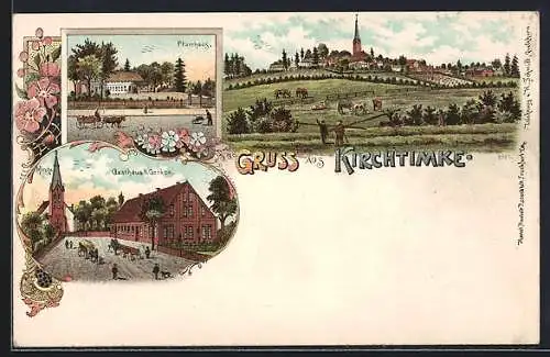 Lithographie Kirchtimke, Gasthaus v. H. Gerken, Pfarrhaus