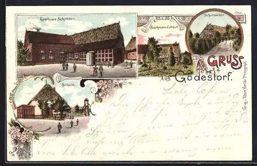 Lithographie Gödestorf, Gasthaus Schröder, Buschmann-Fallldorf, Schumacher, Schule