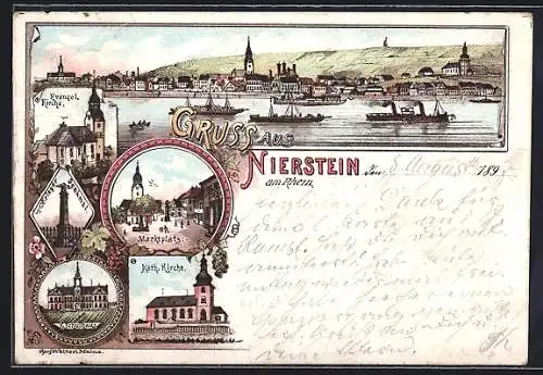 Lithographie Nierstein am Rhein, Evangel. und kath. Kirche, Marktplatz, Schulhaus, Kriegerdenkmal, Totalansicht