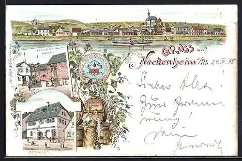 Lithographie Nackenheim a. Rh., Krieger-Denkmal m. Brunnen, Rathaus, Totalansicht