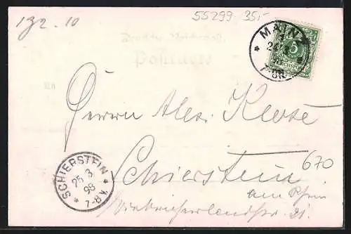 Lithographie Nackenheim a. Rh., Krieger-Denkmal m. Brunnen, Rathaus, Totalansicht