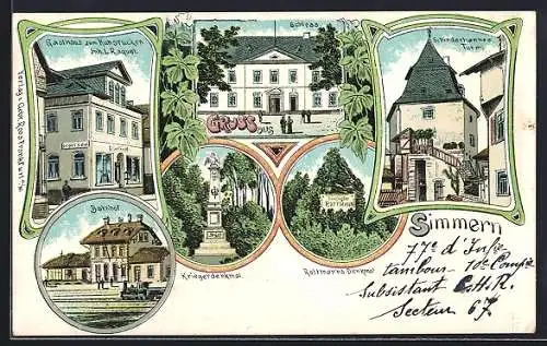 Lithographie Simmern / Hunsrück, Gasthaus zum Hunsrücken v. L. Raquet, Schloss, Schinderhannes Turm, Bahnhof