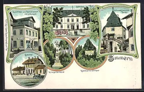 Lithographie Simmern / Hunsrück, Gasthaus zum Hunsrücken, Inh. L. Raquet, Bahnhof, Schloss, Schinderhannes-Turm