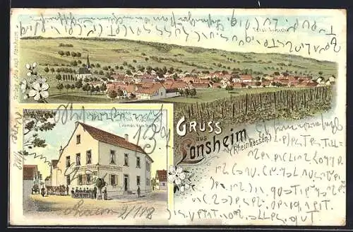 Lithographie Lonsheim /Rheinhessen, Gasthaus zur Krone v. Phil. Rückerich, Totalansicht