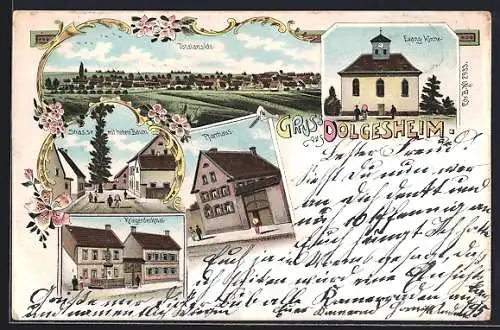 Lithographie Dolgesheim, Pfarrhaus, Kriegerdenkmal, Evang. Kirche, Strasse mit hohem Baum, Totalansicht