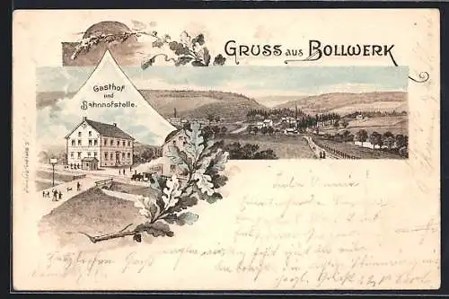 Lithographie Bollwerk, Gasthof und Bahnhofstelle, Totalansicht