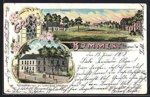 Lithographie Bommert / Halver, Restaurant unter den Linden v. Hugo Lienkämper, Ortsansicht mit Schulhaus