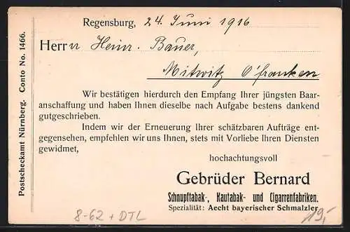 AK Regensburg, Reklame für den Schnupftabak Schmalzlerfranzl der Gebrüder Bernard