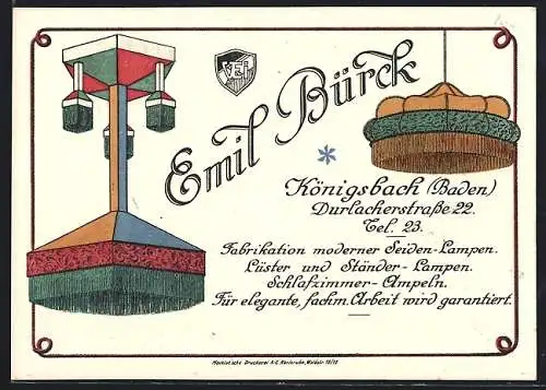 AK Königsbach / Baden, Reklame für Emil Brücks Geschäft für Seiden-Lampen, Durlacherstrasse 22