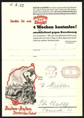 Klapp-AK Baden-Baden, Rennauto mit Startnummer 14 fährt durchs Ziel, Reklame für die Zeitschrift Motor und Sport