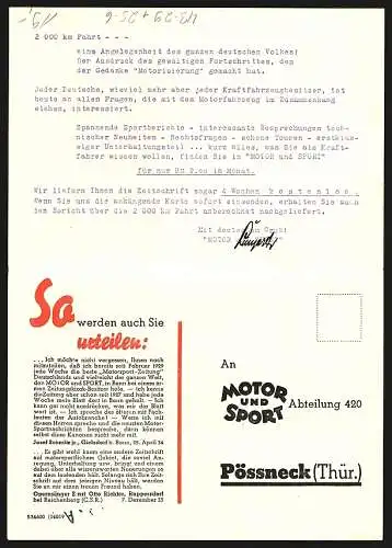 Klapp-AK Baden-Baden, Rennauto mit Startnummer 14 fährt durchs Ziel, Reklame für die Zeitschrift Motor und Sport