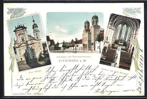 AK Kitzingen a. M., Synagoge und Schrannenstrasse, Prot. Kirche, Innenansicht der Kath. Kirche