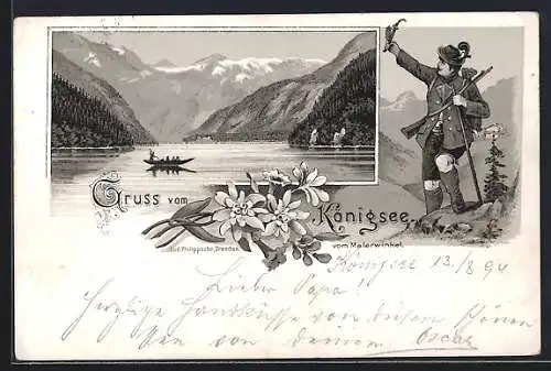 Vorläufer-Lithographie Königsee / St. Bartholomä, 1894, Panoramablick vom Malerwinkel, Jäger mit Pfeife