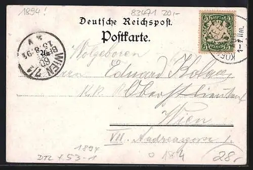 Vorläufer-Lithographie Königsee / St. Bartholomä, 1894, Panoramablick vom Malerwinkel, Jäger mit Pfeife