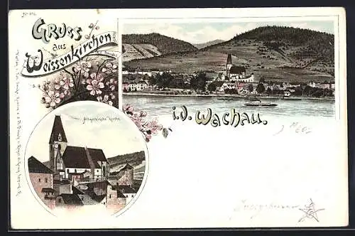 Lithographie Weissenkirchen i. d. Wachau, Altgothische Kirche, Totalansicht