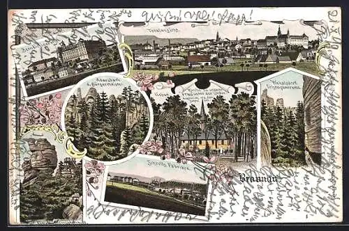 Lithographie Braunau, Schroll`s Fabriken, Kirche zu unserr lieben Frau unter den Linden, Benedictinerstift