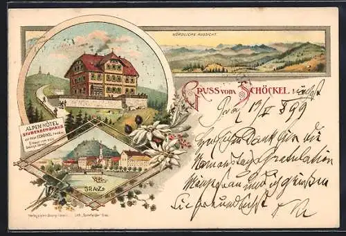 Lithographie Radegund am Schröckel, Stubenberghaus, Alpen-Hotel auf dem Schöckel, Ortspartie aus Graz