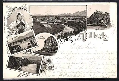 Lithographie Villach, Ortsansicht, Landskron, Schrott-Thurm