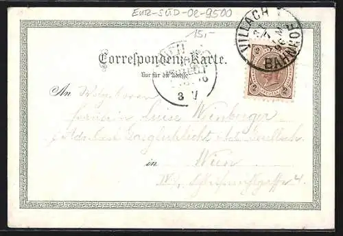Lithographie Villach, Ortsansicht, Landskron, Schrott-Thurm