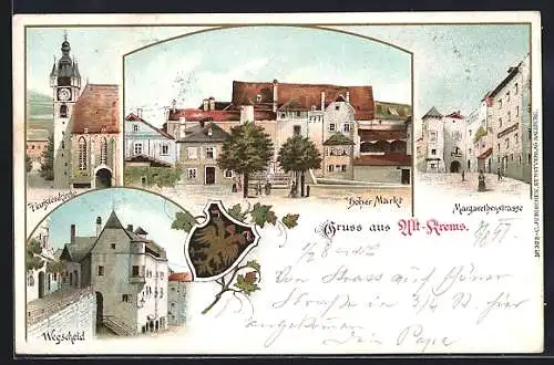 Lithographie Krems /N.-Oe., Piaristenkirche, Wegscheid, Hoher Markt, Margarethenstrasse