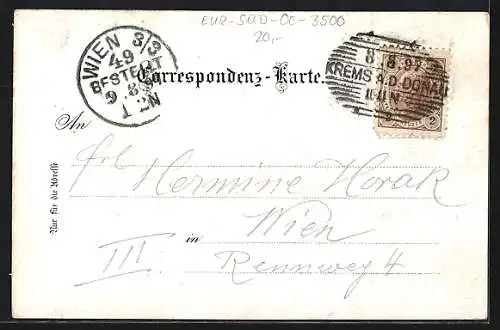 Lithographie Krems /N.-Oe., Piaristenkirche, Wegscheid, Hoher Markt, Margarethenstrasse