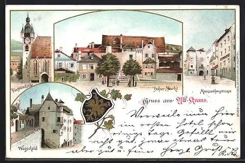 Lithographie Krems /N.-Oe., Piaristenkirche, Wegscheid, Hoher Markt, Margarethenstrasse