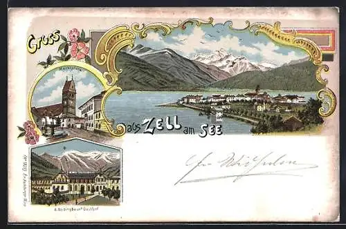 Lithographie Zell am See, A. Bodingbaurs Gasthof, Marktplatz