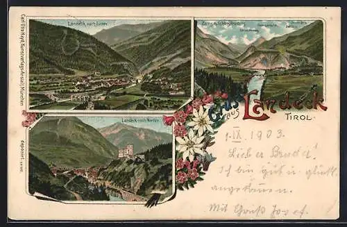 Lithographie Landeck, Teilansichten nach Süden u. Norden, Zams mit Schloss Kronburg, Zschirgantspitze und Zamser Berg