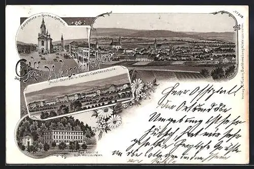 Lithographie Weisskirchen, Totalansicht, Hauptplatz m. Kirche und Rathaus, Milit.- Oberreal- u. Cavall. Cadettenschule