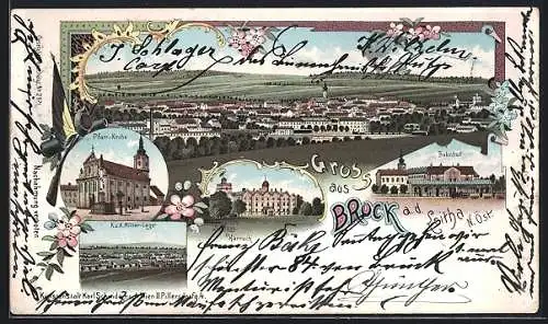 Lithographie Bruck an der Leitha, Bahnhof, Pfarrkirche, Schloss Harrach, K.u.K. Militärlager