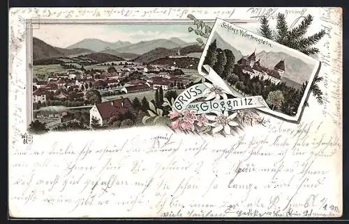 Lithographie Gloggnitz, Schloss Wartenstein, Totalansicht