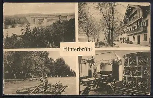 AK Hinterbrühl, Gasthaus mit Innenansicht, Blick zur Eisenbahnbrücke, Flösser bei der Arbeit