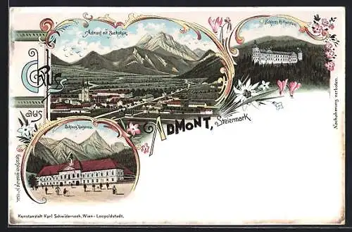 Lithographie Admont /Steiermarkt, Teilansicht mit Buchstein, Schloss Röthelstein, Schloss Kaiserau