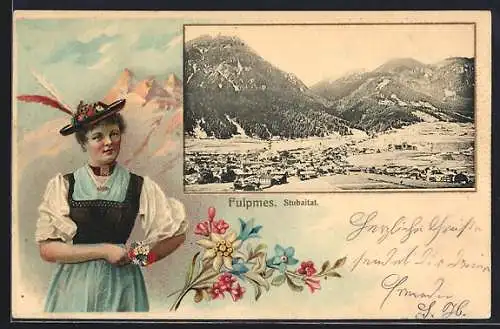 AK Fulpmes /Stubaital, Ortsansicht mit Bergen, Frau in Tracht