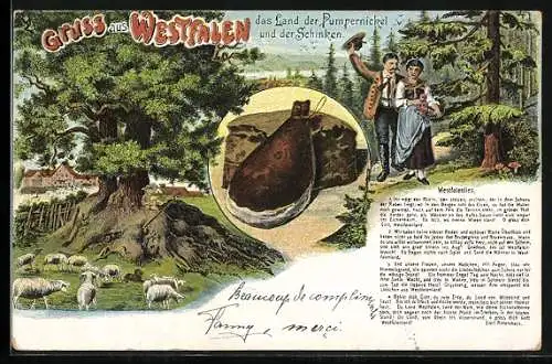 Lithographie Westfalen, Pumpernickel und der Schinken, Westfalenlied, Mann und Frau in Tracht