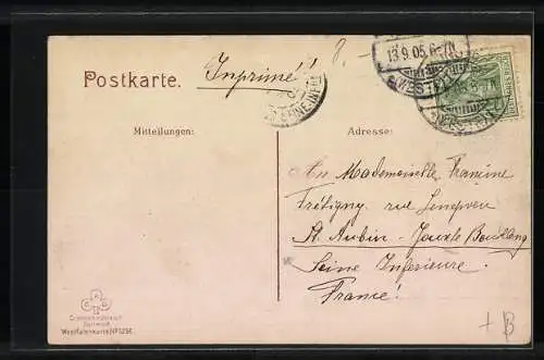 Lithographie Westfalen, Pumpernickel und der Schinken, Westfalenlied, Mann und Frau in Tracht