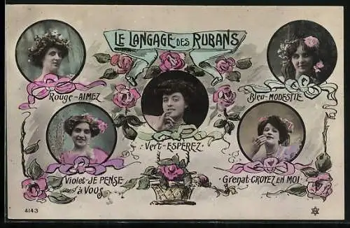 AK Le Langage des Rubans, Rouge-Aimez, Bleu-Modestie, Frauenporträts
