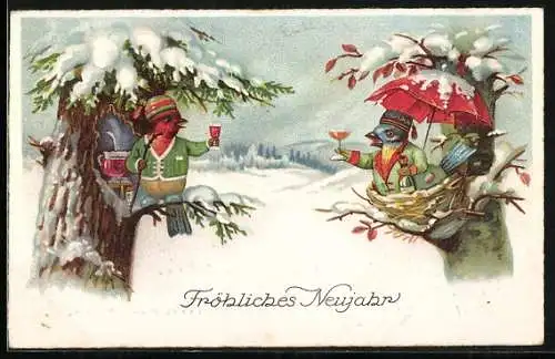 Künstler-AK vermenschlichte Tiere, Vögel auf den Bäumen prosten sich zu