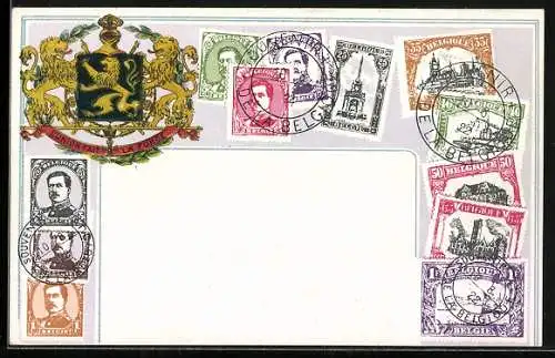 AK Briefmarken von Belgien, Löwen-Wappen von Belgien