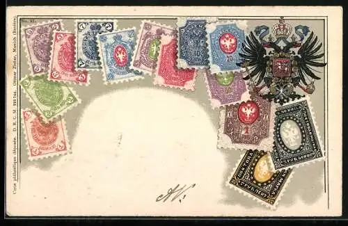 Lithographie Russland, Briefmarken und dopelköpfiger Adler mit Wappen
