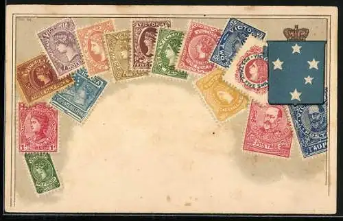 AK Australien, Briefmarken und Wappen, Krone