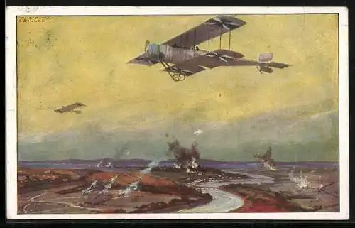 Künstler-AK Hans Rudolf Schulze: Flugzeug fliegt über ein Kriegsschlachtfeld