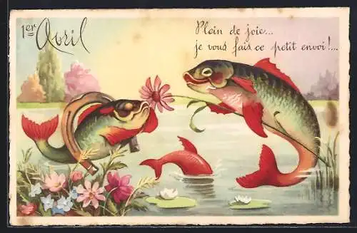 AK 1. April, Fische springen aus einem Teich