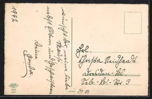 AK Zwerg mit einem Sack auf dem Rücken und Englein mit Hund und Laterne, Weihnachtsgruss
