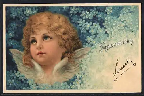 AK Kleiner Engel inmitten von Vergissmeinnicht