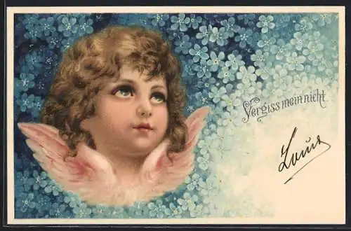 AK Engel umgeben von Vergissmeinnicht