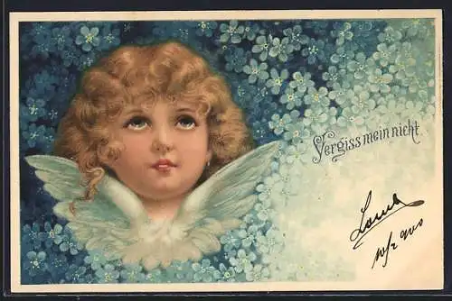 AK Engelsgesicht inmitten von Vergissmeinnicht