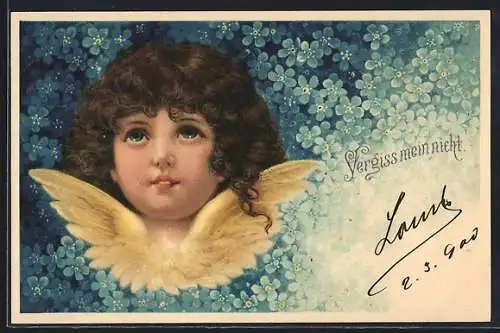 AK Engel mit dunklem Haar vor Vergissmeinnicht
