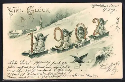 AK Kleine Neujahrsengel rodeln mit der Jahreszahl 1905 den Hang hinab