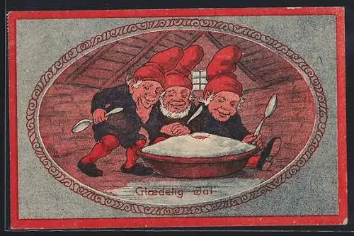 Künstler-AK Zwerge essen Brei auf einem Dachboden, Glaedelig Jul